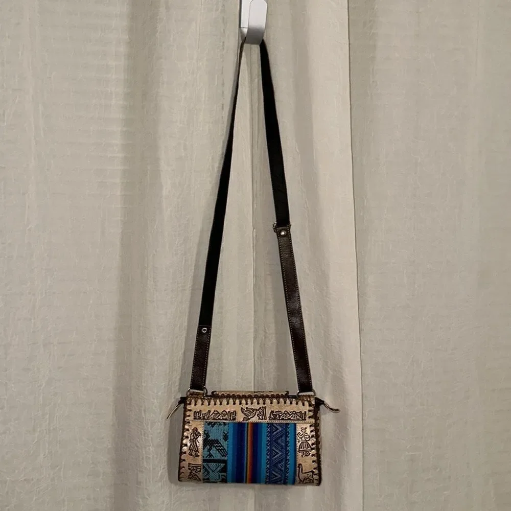Peruvian Genuine Tooled Graphic Leather Stripe Mini Crossbody Bag